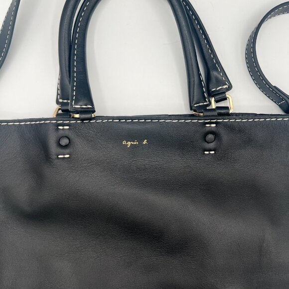 Agnes B. Black Leather Crossbody Tote Bag with Contrast Stitching - Picture 3 of 9
